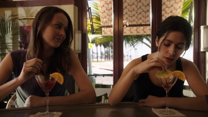 Sarah Shahi, table, women, bar - drink establishment, restaurant, sitting, TV Show, drinking, leisure activity, beautiful woman, glass, headshot, food and drink