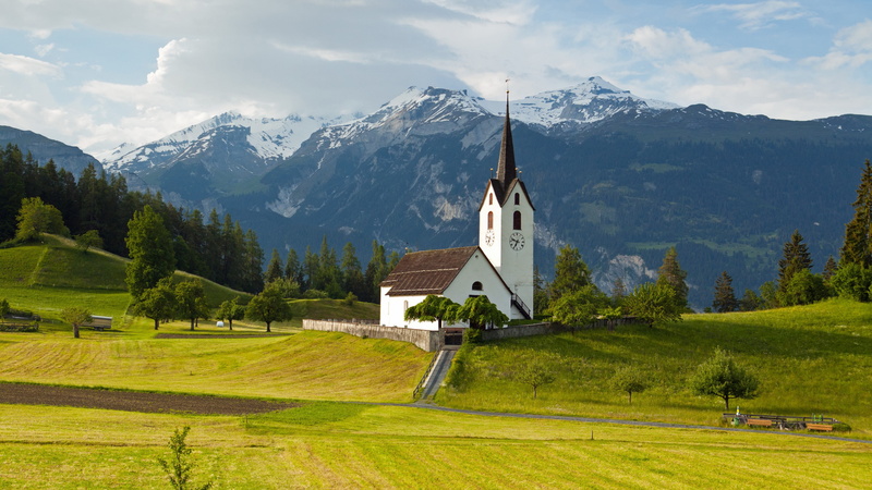 graubunden, valley, versam, switzerland, sky, europe, mountain village, versam kirche, alps, church, meadow, versam church, countryside, highland, 4K