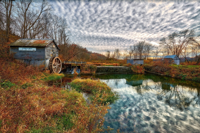beauty in nature, mill, reflection, tree, water, building exterior, fall, nature, no people, flowing water, land, outdoors, 1080P, scenics - nature, clouds