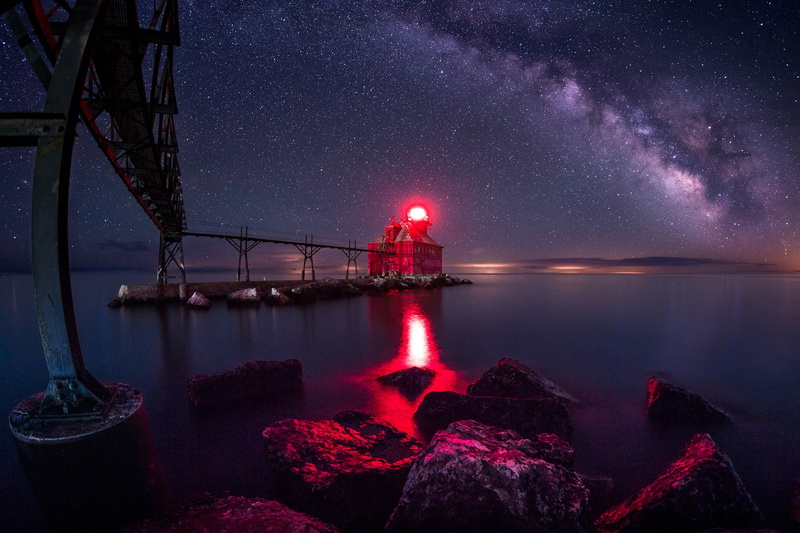 scenics - nature, bridge - man made structure, stars, long exposure, water, Wisconsin, bridge, no people, beauty in nature, illuminated, sky, Sturgeon Bay