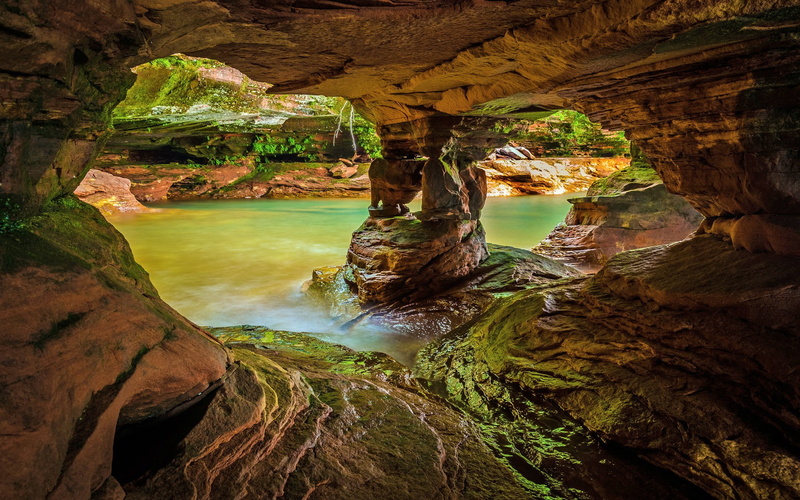 lake, USA, Wisconsin, moss, cave, wet, rock, water, 1080P, nature, landscape, long exposure
