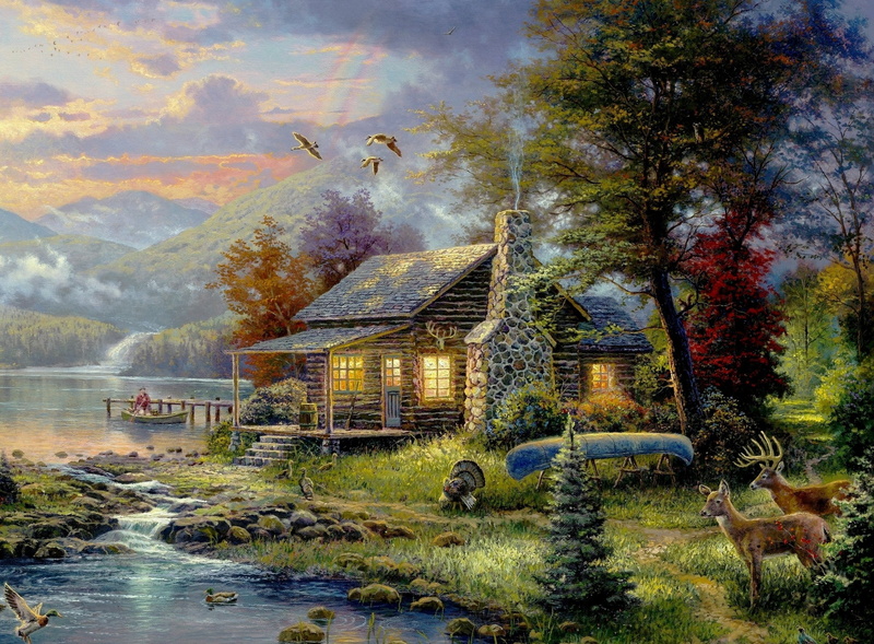 1080P, bird, animal themes, brown, Nature, kinkade, plant, water, Paradise, thomas kinkade, house, change, outdoors, Drawings, tree, built structure, sky