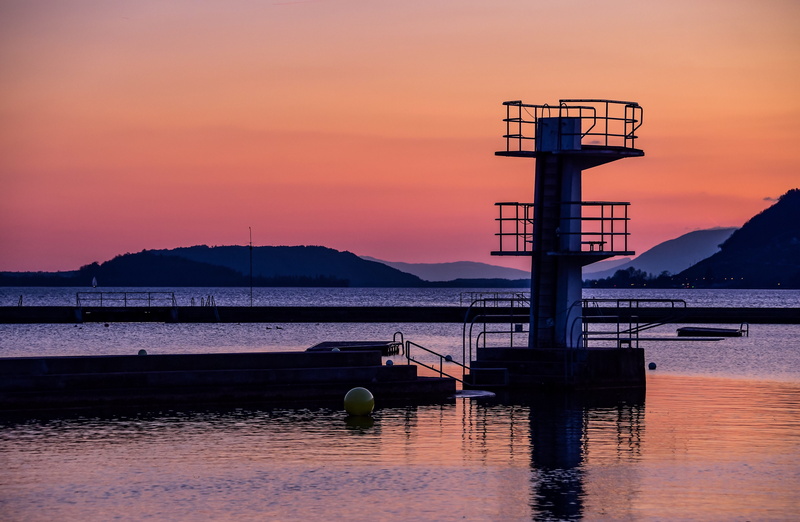 pier, evening, reflection, sky, lighting equipment, mountain, quiet, twilight, scenics - nature, sunset, lake of biel bienne, beauty in nature, nature