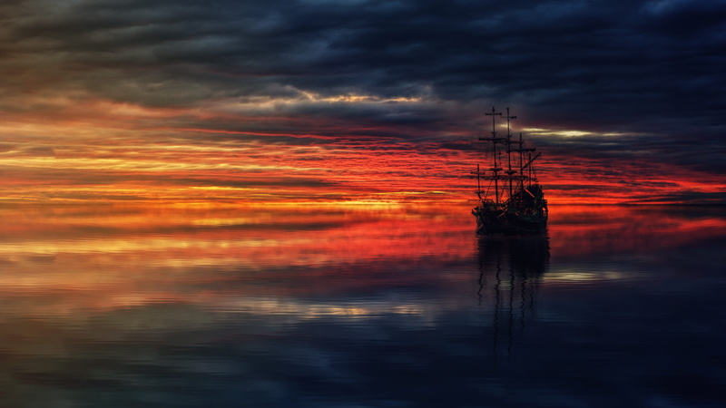 pirates, silhouette, reflection, waters, sea, no people, golden light, panorama, quiet, tranquility, landscape, 5K, dramatic sky, waterfront, water, outdoors