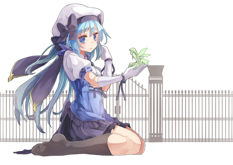 character, woman, long, haired, uniform, anime girls, long hair, blue eyes, blue, sitting, anime, knee, highs, girls, 1080P, knee-highs, eyes, hat, school
