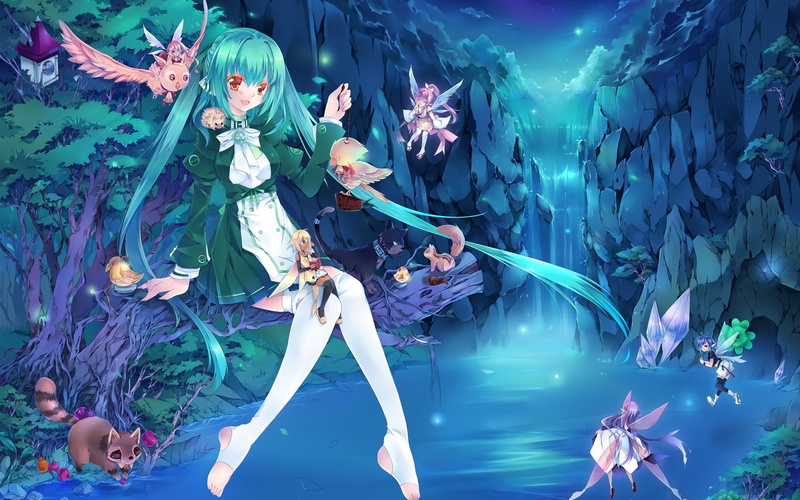 Fantasy, Girl, Blue, Light, Fairies, Waterfall, 2K, Anime, Hair