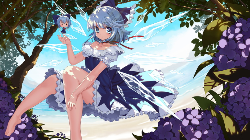 touhou, outdoors, females, Anime, clothing, nature, togetherness, casual clothing, tree, group of people, people, blue hair, lifestyles, cirno, child, fairy