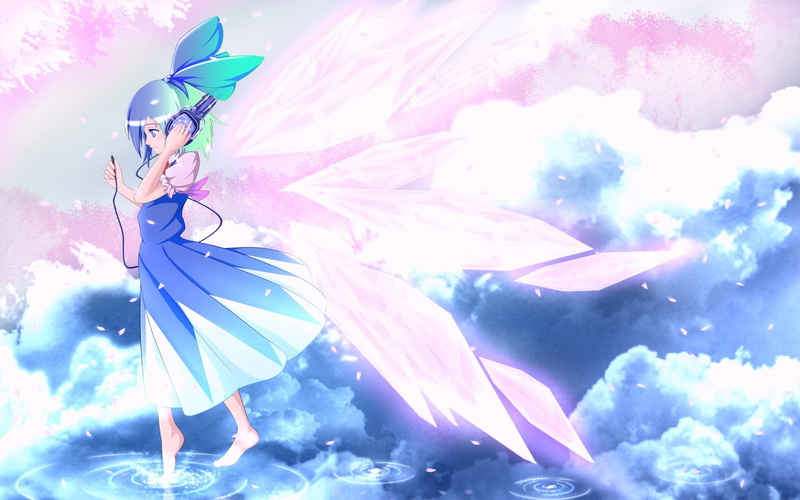 Blue Eyes, freedom, Cloud, females, Water, young women, Sakura, Wings, beautiful woman, one person, outdoors, Crystal, Touhou, Blue Hair, Sky, Fairy, Ice