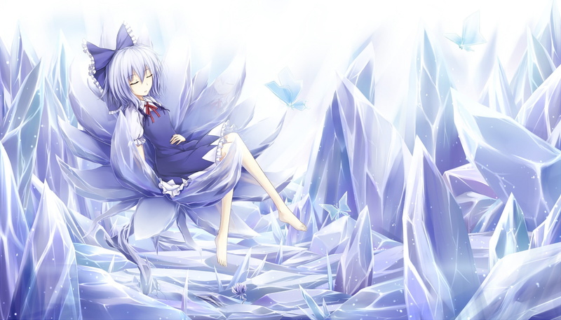 Touhou, Cirno, games, bows, 1080P, hair, butterflies, sitti, Video Games, barefoot, ice, animals, fairies, Dress, sleeping, art, blue, Ribbons, hd, short