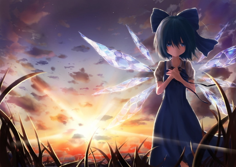 short, sky, touhou, Video Games, wings, blue, grass, sunset, fairies, video, nature, hair, eyes, hd, 720P, ice, clouds, games, cirno, art, dress