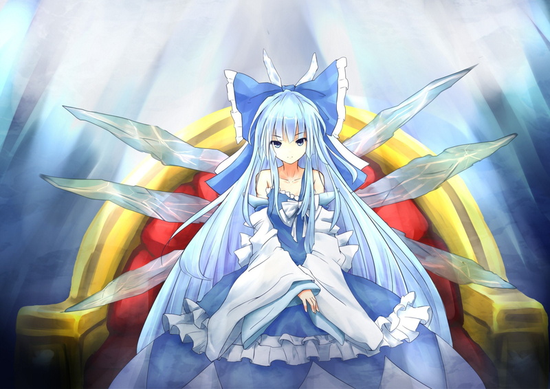 video, cirno, fairies, sleeves, dress, blue, eyes, ice, touhou, 1080P, long, detached, soft, ornaments, chairs, hair, bows, sitting, games, shading