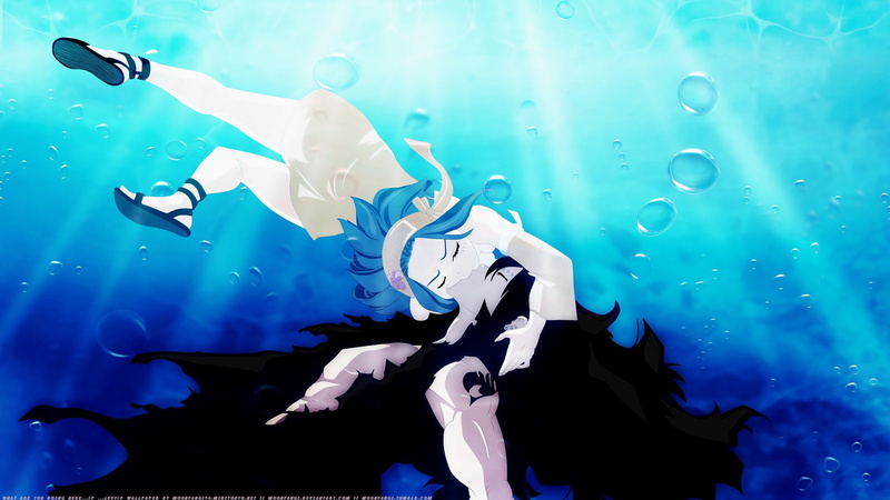 Girl, Boy, 1080P, Dress, Long Hair, Tattoo, Kiss, Anime, Levy McGarden, Headband, Fairy Tail, Black Hair, Short Hair, Gajeel Redfox, Underwater, Blue Hair