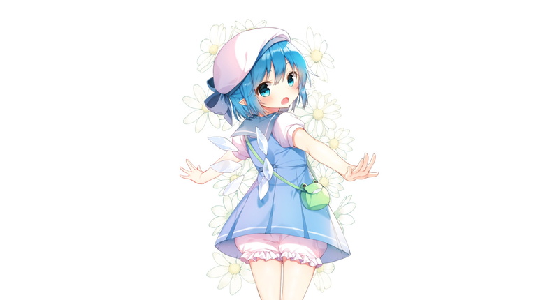 Short Hair, White, Cirno (Touhou), Hat, Blush, 1080P, Flower, Pointed Ears, Blue Hair, bow (Clothing), School Uniform, Touhou, Wings, Anime, Blue Eyes