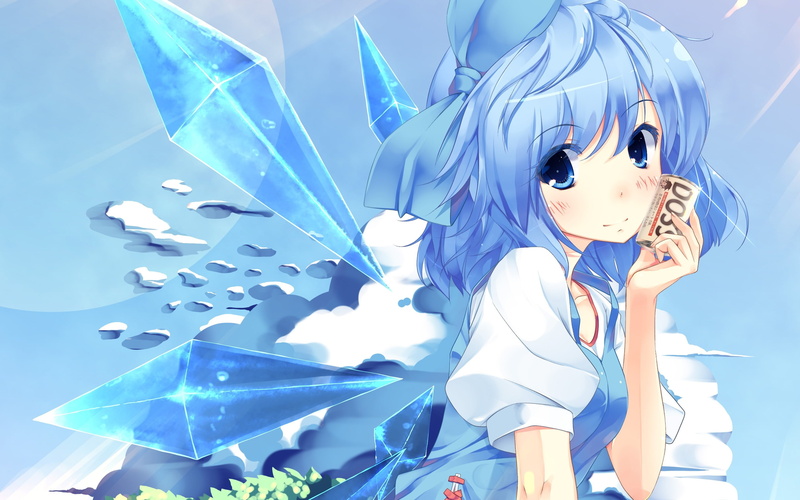 2K, fairies, dress, bl, touhou, blue, hair, clouds, ice, cirno, art, Video Games, video, eyes, short, wings, hd, grass, games