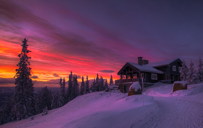 outdoors, architecture, house, cold, sunset, building exterior, winter, nature, building, cold temperature, beauty in nature, no people, sky, clouds, tranquil scene