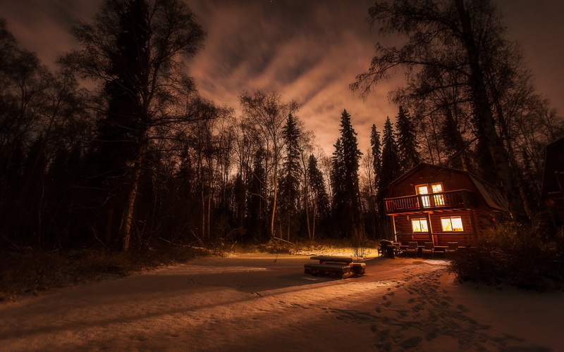 illuminated, landscape, lights, the way forward, outdoors, cottage, no people, building, road, 1080P, plant, direction, sky, building exterior, built structure