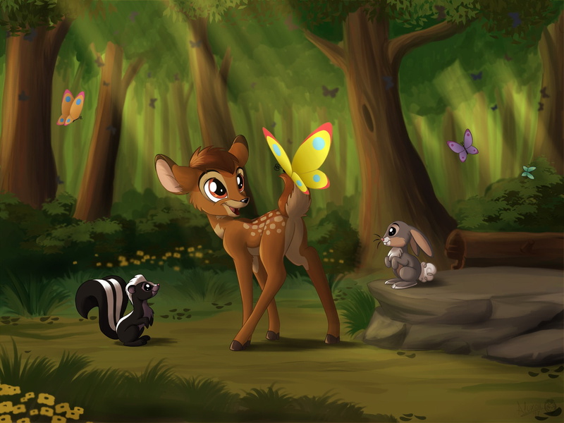 nature, by Sirzi, fawn, 1080P, Bambi, Bunny, butterfly, skunk