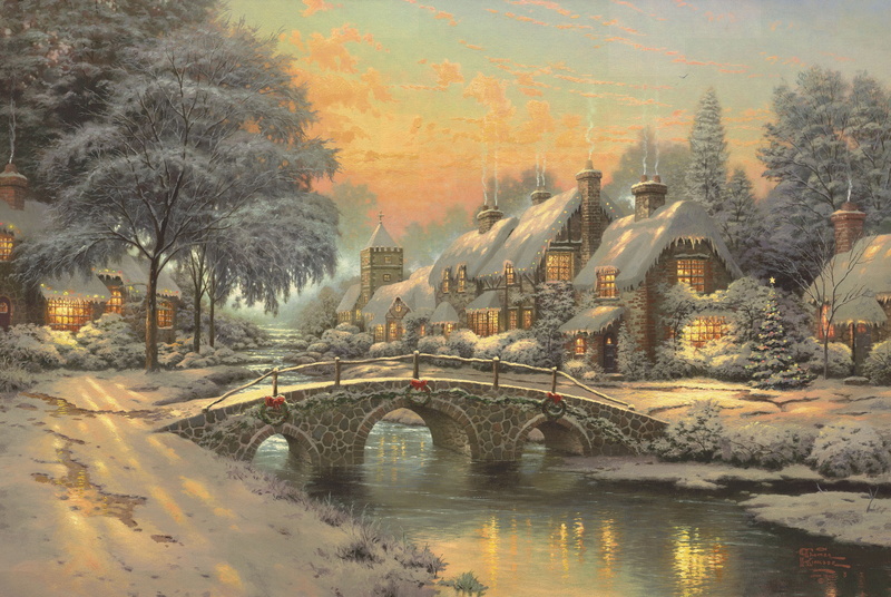landscape, cultures, water, famous Place, Christmas, dusk, snow, outdoors, river, Thomas Kinkade, winter, city, plant, urban Scene, painting, built Structure