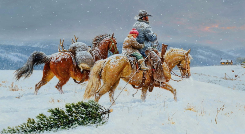 field, Painting, Horses, cold temperature, warm clothing, domestic animals, land, animal, sky, Christmas, covering, no people, day, Winter, Holidays, Snow