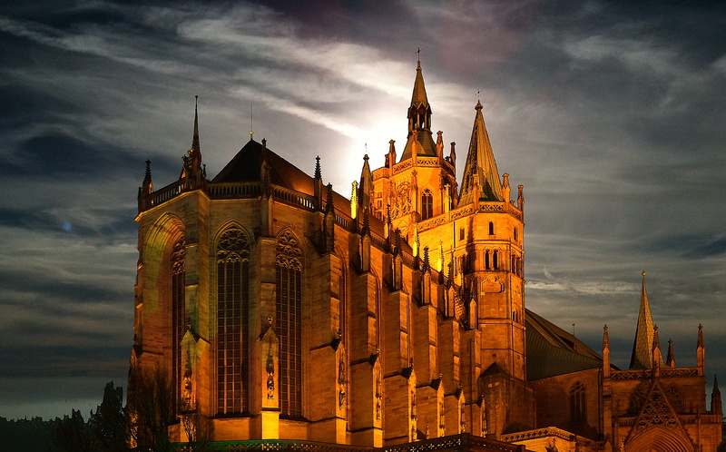 spires, built structure, church, cloud - sky, building exterior, photo montage, dramatic sky, long bridge, dusk, dom, the past, brown, erfurt, nature, gothic style