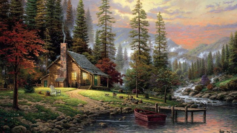 dog, house, 1080P, kincaid, quiet forest, landscape, quiet, thomas kincaid, forest, thomas