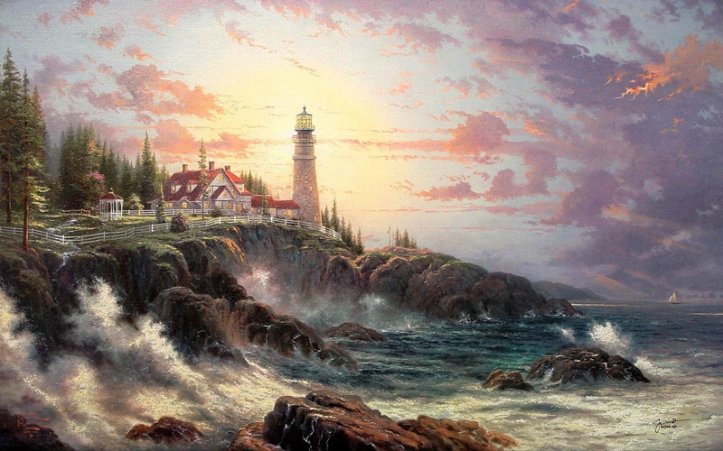 rock - Object, shore, beach, sunset, seascape, no People, waters Edge, motion, lighthouse, history, beacon, tower, skyscraper, built structure, thomas kinkade