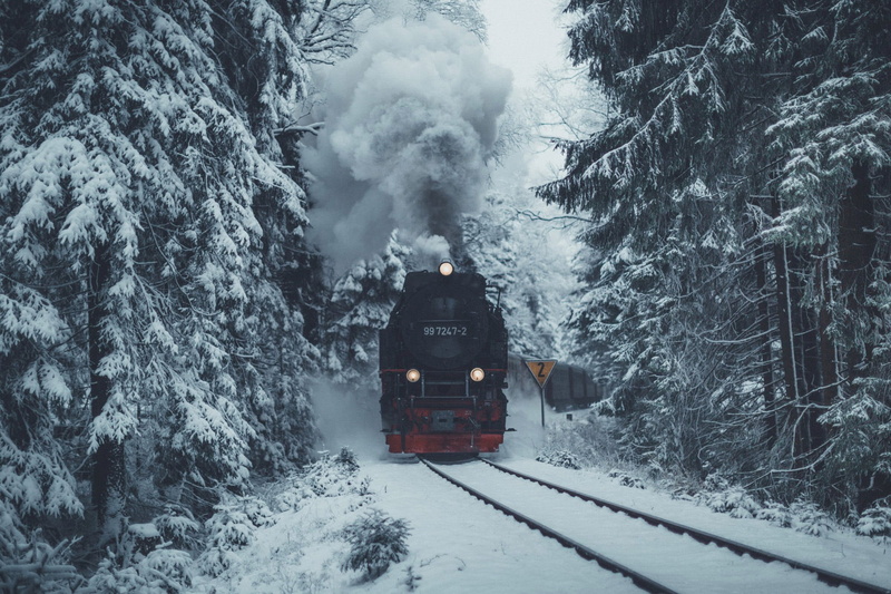 snow, nature, train, railway, 1080P, trees, winter, forest, spruce