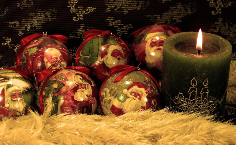 fur, santa, santa claus, claus, balls, christmas decorations, candle, decorations, 1080P, christmas, paintings