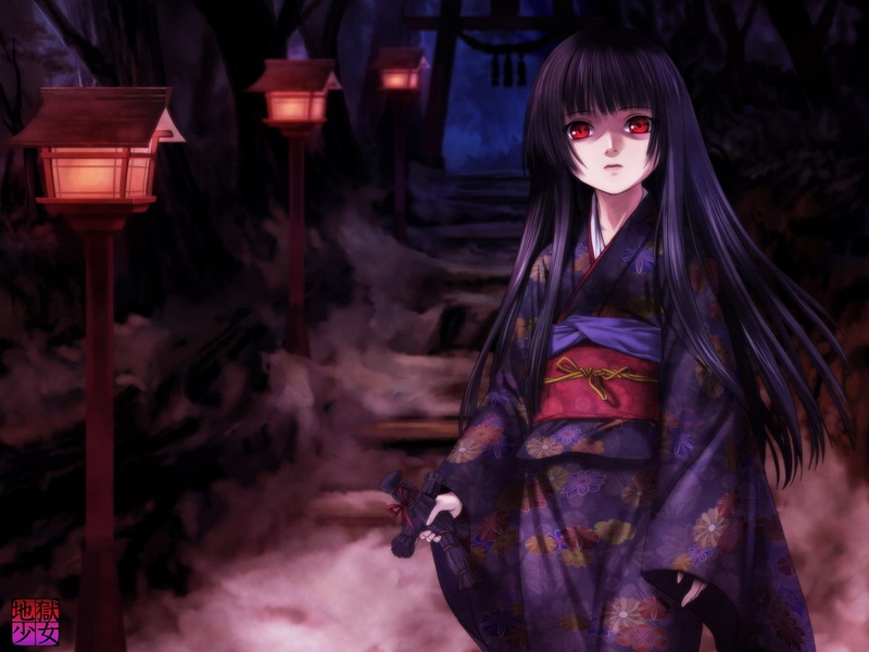 720P, Jigoku Shoujo, Enma Ai, anime girls, long hair, flowers, red eyes, kimono, night, anime