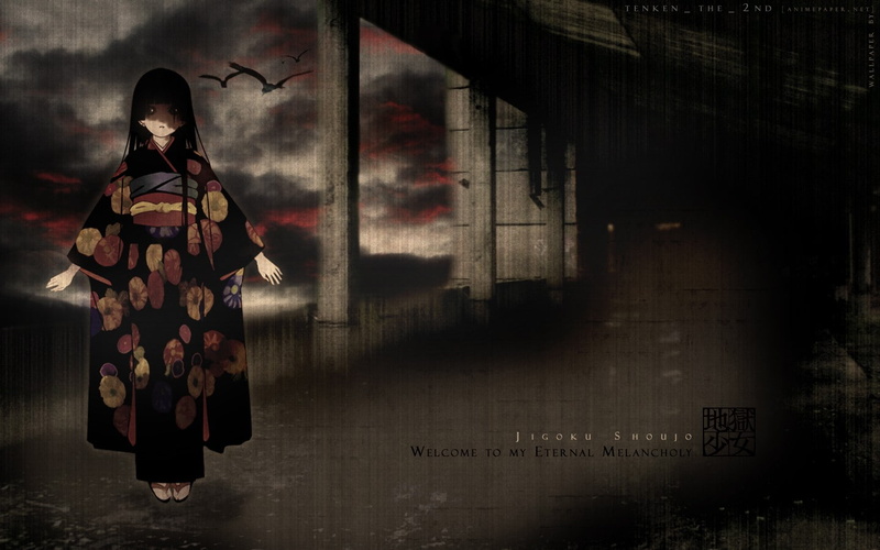 kimono, rain, 720P, dark eyes, Jigoku Shoujo, Enma Ai, crow, anime girls, anime