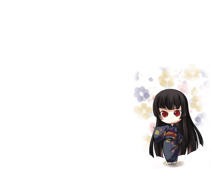 kimono, anime, chibi, red eyes, long hair, Enma Ai, anime girls, white, 720P, Jigoku Shoujo, flowers, simple background