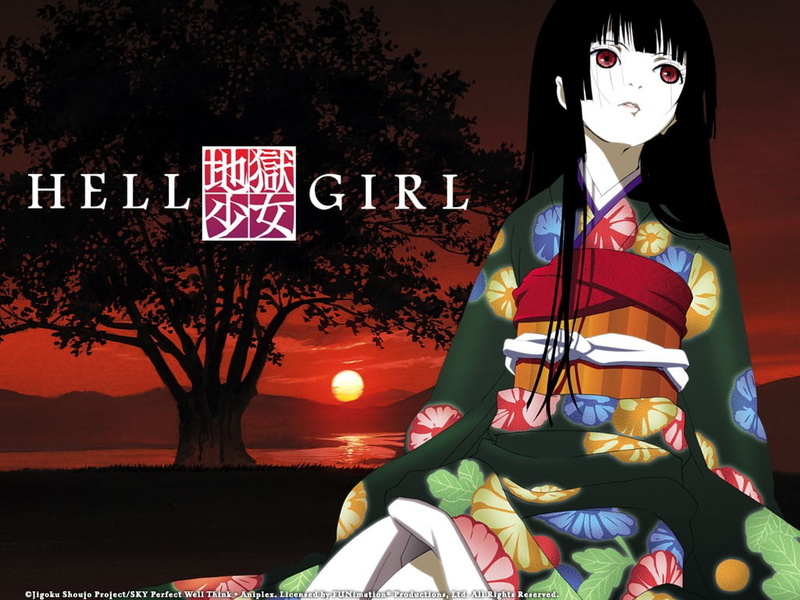 logo, Jigoku Shoujo, sunset, plant, table, red eyes, no people, kimono, western script, illuminated, art and craft, tree, representation, nature, anime