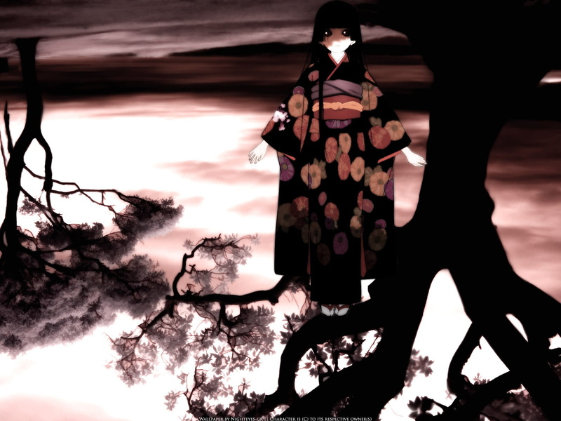 sky, anime girls, sunset, flowers, people, nature, street, outdoors, walking, kimono, dark, Enma Ai, women, plant, real people, tree, two people, adult