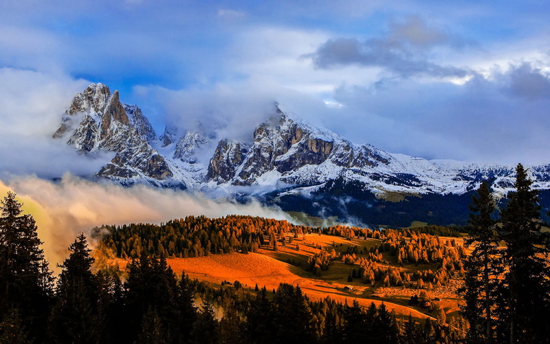 landscape, outdoors, kastelruth, coniferous tree, landscapes, no people, tablet, plant, mountain peak, pine tree, snow, sunset, tree, snowcapped mountain