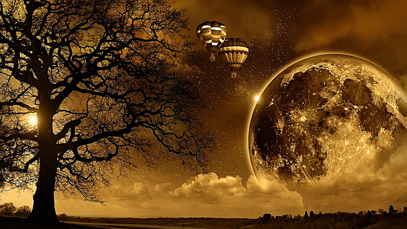 4K, night, moon, stars, ballons, tree, sepia