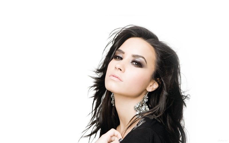 looking at viewer, lifestyles, women, copy space, lips, brown eyes, looking at camera, indoors, hairstyle, headshot, Demi Lovato, fashion, studio shot