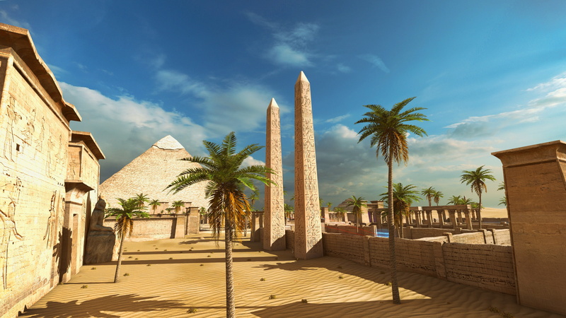 the talos principle screen shot video games pyramid obelisk palm trees egypt egyptian sand sky, 4K