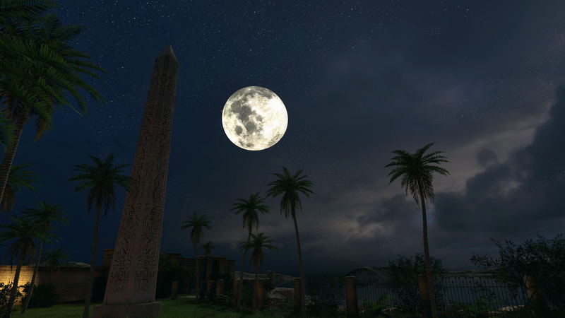 4K, the talos principle screen shot video games obelisk palm trees moon night egypt egyptian sky