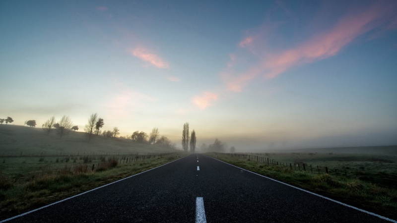 fog, nature, marking, 1080P, no people, sun, outdoors, direction, vanishing point, dividing line, landscape, sign, sky, tranquil scene, transportation