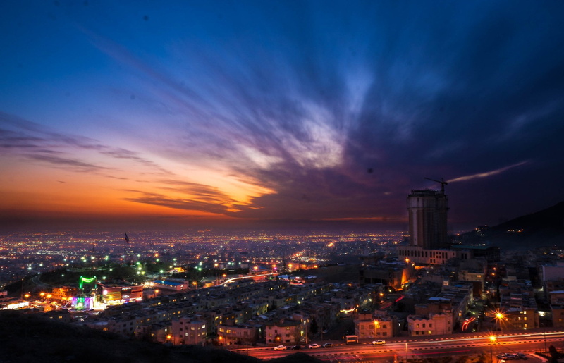 Sunset, financial district, outdoors, Tehran, built structure, architecture, City, illuminated, no people, office building exterior, city life, cityscape