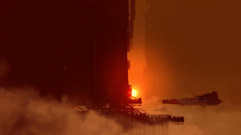 spaceship, artwork, freight transportation, outdoors, 2K, architecture, building, transportation, smoke - physical structure, orange color, air pollution