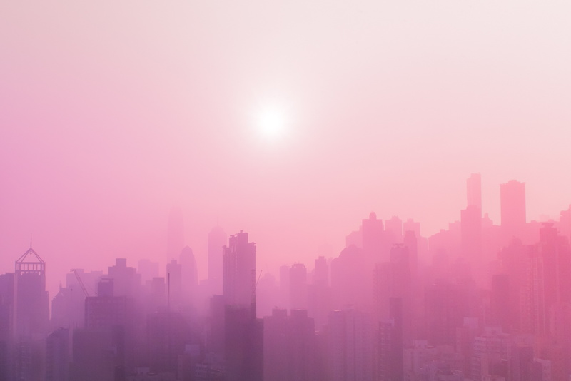 city life, apartment, 4K, sky, Pink, pollution, environment, Sunny day, residential district, no people, Urban, cityscape, built structure, sun, sunlight