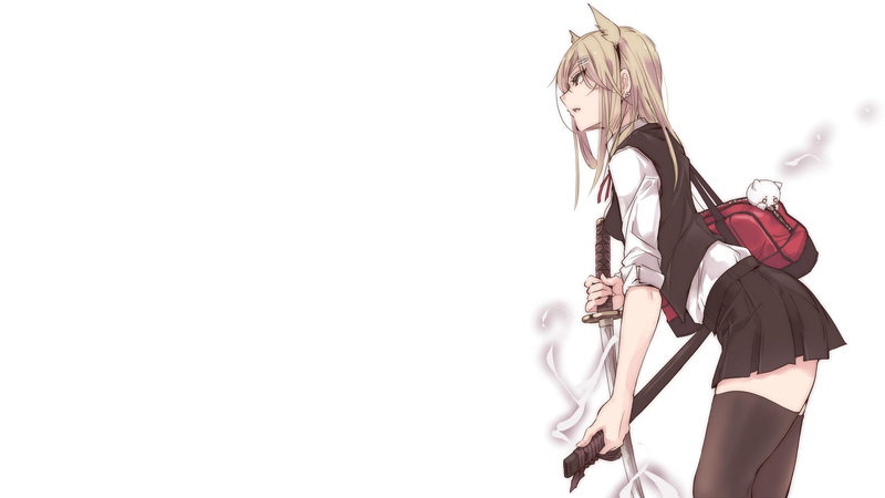 long hair, blonde, skirt, katana, sword, anime, anime girls, original characters, 2K, weapon, animal ears