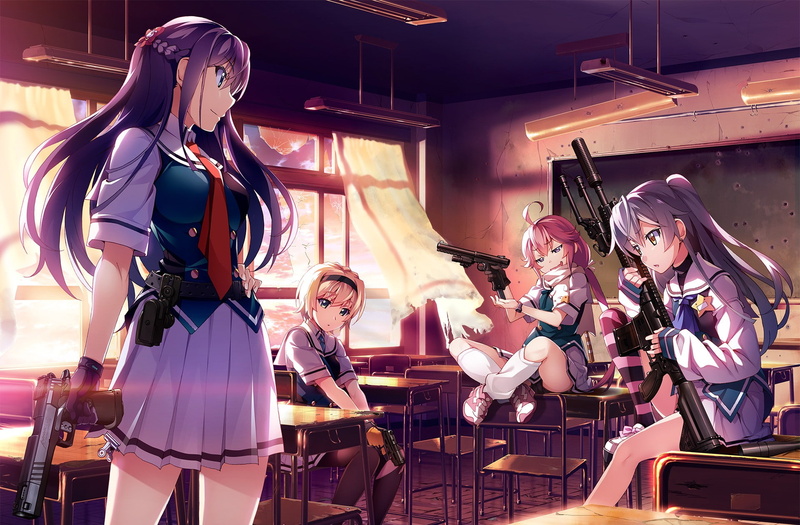gun, anime girls, weapon, Grisaia Phantom Trigger, blonde, 1080P, long hair, pink hair, skirt, short hair, stockings, purple hair, anime