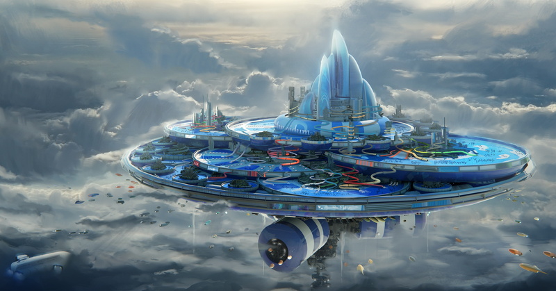 futuristic, clouds, floating island, aqua park, Fantasy, 4K, sci-fi