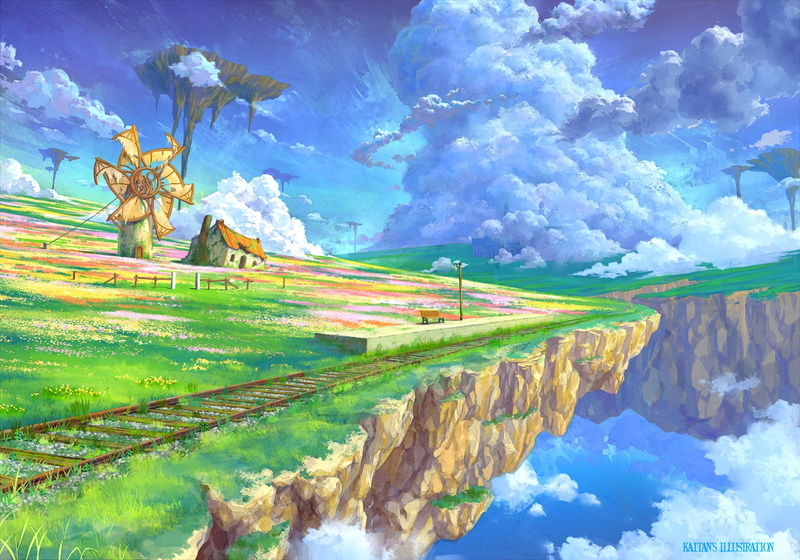 train station, floating island, mill, house, 1080P