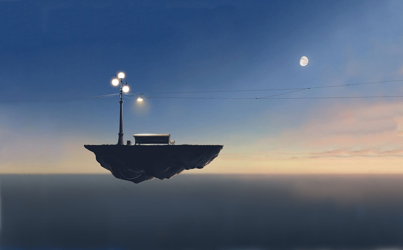 sky, tranquility, outdoors, floating island, silhouette, floating, moon, no people, night, nature, tranquil scene, beauty in nature, space, sunset, moonlight