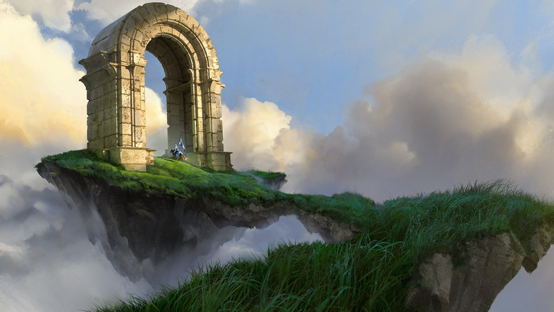 flag, clouds, arch, horse, knight, 1080P, floating island