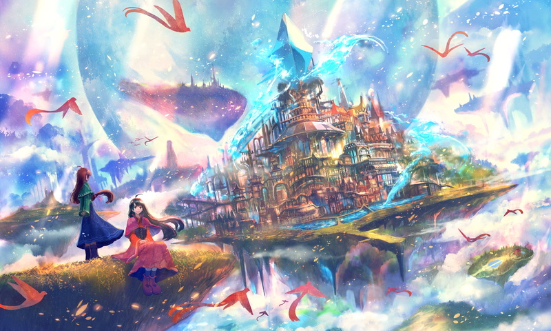 City, Original, Fantasy, Cloud, Bird, Girl, Floating Island, Anime, 1080P, Building