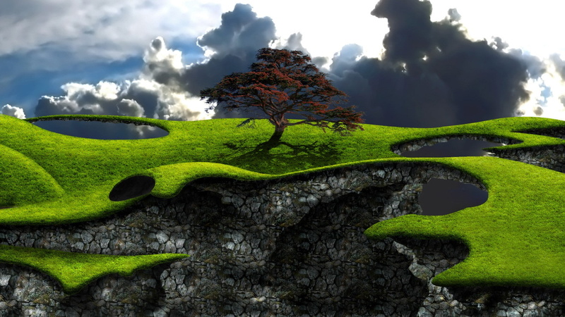 clouds, shadow, rock, field, landscape, trees, nature, 1080P, floating island, digital art, grass